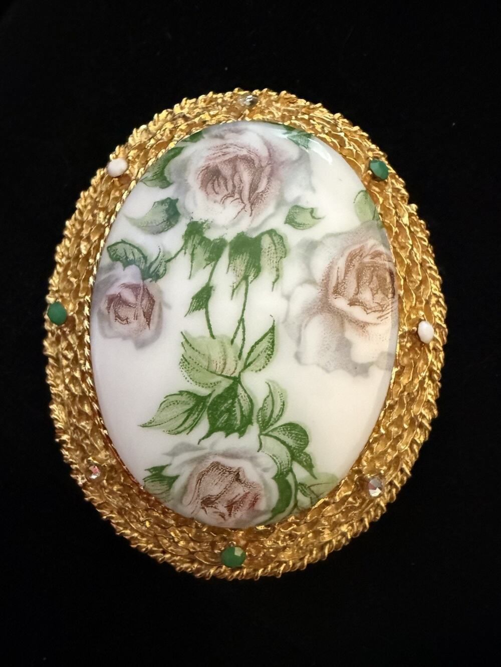 Vintage Alice Caviness Porcelain Rose Floral Rhinestone Gold Tone Brooch Signed